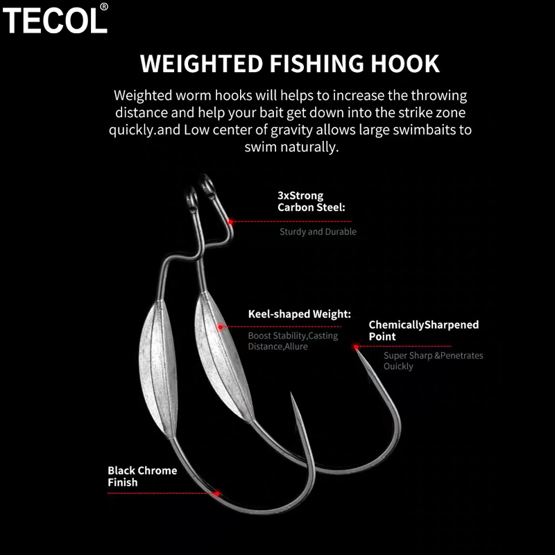 TECOL 3PCS 6/0 8/0 10/0 Weight - Fishing Hook Weedless 评论和价格